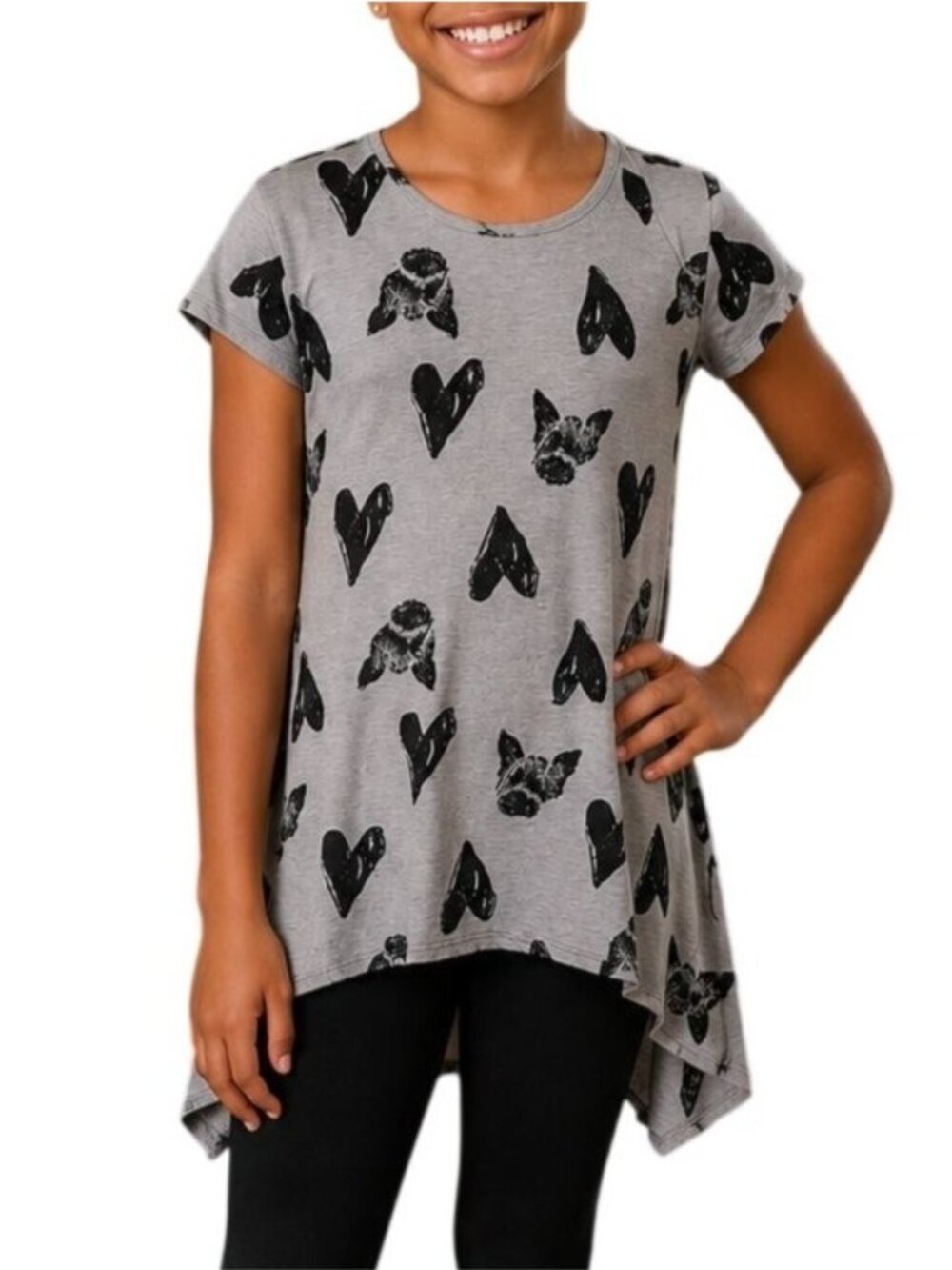 Total Girl Size Medium 10/12 Top Hearts Puppy Dog Print High Low Pleated Back